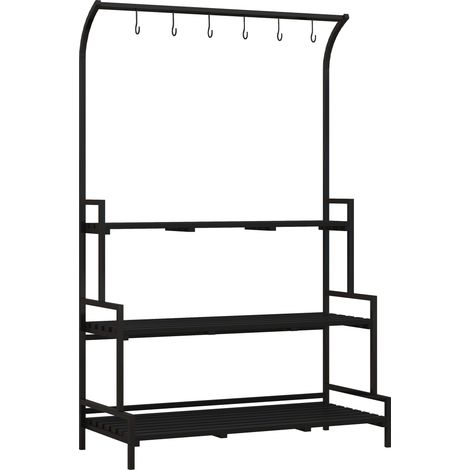 Dreistöckiger Pflanzenständer, 6 Haken, für drinnen und draußen, Metallrahmen, 170 x 110 x 50 cm (H x B x T), Schwarz
