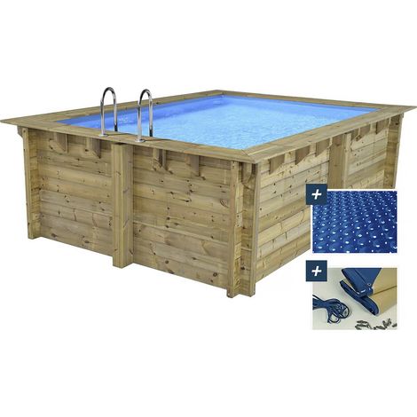 Piscina rectangular de madera "Zanzíbar" - 3,50 x 2,30 x 1,24 m - cubierta de burbujas de 180 µ - cubierta de invierno de 280 g/m².