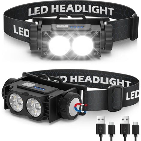 Set di 2 lampade frontali, lampada frontale a LED ultra potente da 2000 lumen, USB, 3 modalità, impermeabile IPX5, ideale per campeggio, ciclismo e corsa.