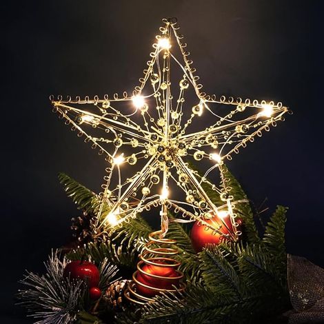 Albero di Natale dorato, punte per albero 20 x 25 cm, puntale per albero di Natale dorato, decorazione a forma di stella di Natale luminosa per uso interno ed esterno