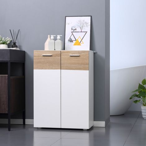 Meuble de salle de bain Kleankin avec 2 portes et étagères intérieures réglables, meuble d'appoint en bois multifonctionnel pour salon, cuisine, salle à manger, 60 x 30 x 85 cm, blanc