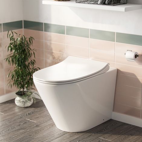 Modern Rimless Back To Wall Toilet Pan WC and Soft Close Seat White (1/5)