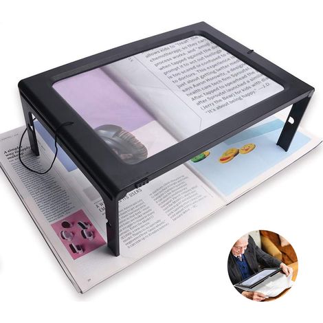 Reading Magnifier, Magnifying Glass with LED Light, Hands-Free Rectangular Magnifying Glass with 3x Magnification, 4 LED Lights and Folding Stands - A4 Full Page Magnifying Glass for Elderly or People