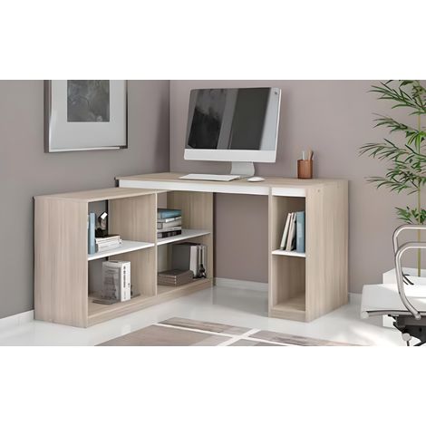 Bureau d'angle avec étagères coloris Chêne / Blanc - Longueur 136 x profondeur 136 cm -PEGANE-