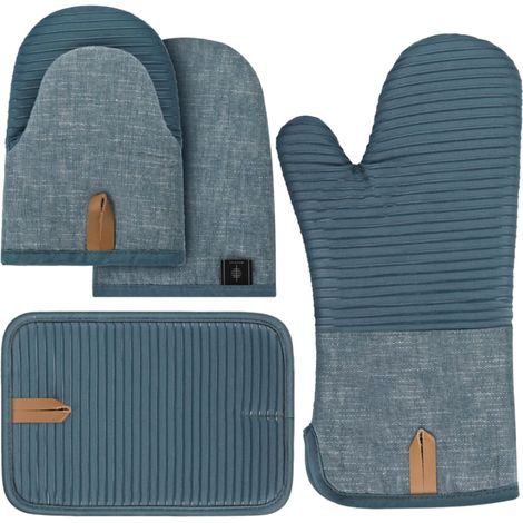 Set mit 4 Mini-Ofenhandschuhen + gestreiften Silikon-Topflappen, blau, zum Backen/Gebäck (1/5)