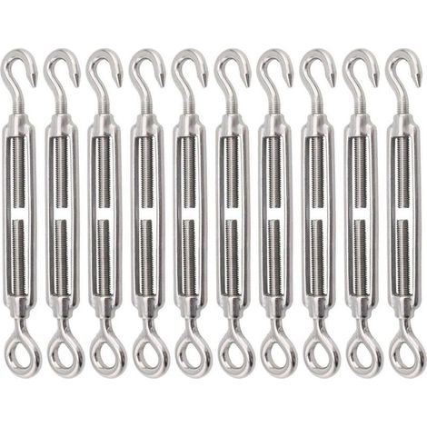 Lot de 10 tendeurs à crochet et œillet en acier inoxydable 304, tendeur robuste M8, matériel réglable pour voile d'ombrage pour serrer les câbles métalliques