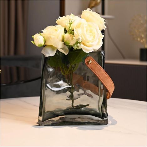 Vase déco intérieur en verre gris transparent épais, forme sac à main élégant – 1 pièce (1/4)