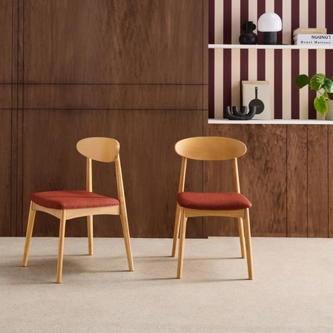 Lot de 2 chaises vintage bois d'hévéa naturel et tissu terracotta - Aria (1/5)