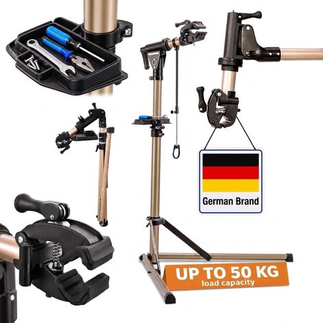Relaxdays Bike Repair Stand, 100–160 cm height, for 35–85 mm frames, handlebar holder, max 50 kg, gold (1/5)