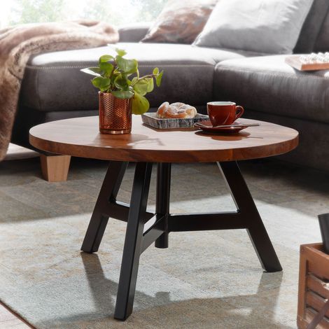 Table basse ronde 60x60x35 cm en bois de sheesham massif et métal (1/5)