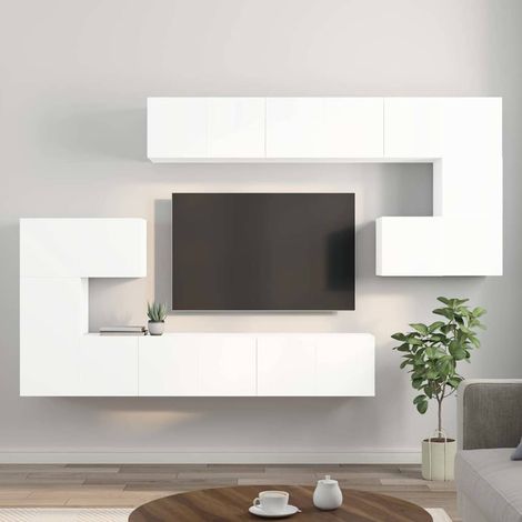 Ensemble de 10 meuble TV - Armoire Télévision Moderne Banc TV Blanc Aggloméré -FR44724 (1/5)