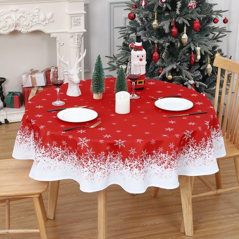 Nappe de Noël ronde à flocons de neige – Imperméable, anti-taches, lavable & facile à essuyer – Housse de table, déco de fête – Rouge (couleur classique), 60 in ronde, Style allemand (1/5)