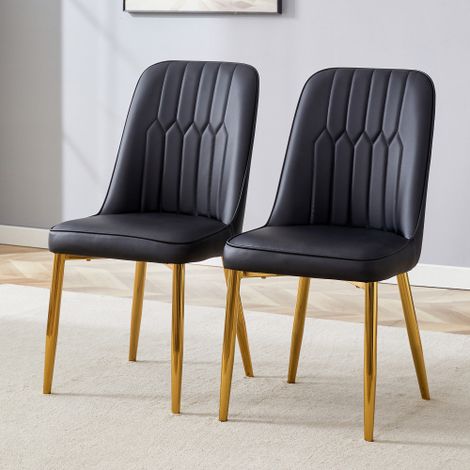 Deux chaises de salle à manger en similicuir noir : design moderne et minimaliste, dotées d'une assise et d'un dossier élargis, ainsi que de pieds en métal antidérapants, convenant aux salles à manger (1/5)
