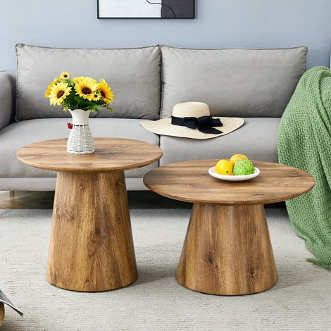 Kaffeetisch-Set in natürlicher Holzoptik (MDF) – 2 runde Hocker-Beistelltische, hoch 50×48 cm + niedrig 60×35 cm, natürliche Maserung + stabiler Sockel, geeignet für Wohnzimmer / Lounge-Bereich. (1/5)