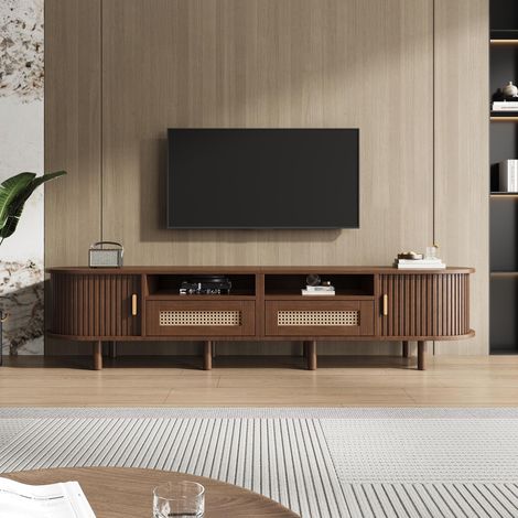 Meuble TV ovale 170 x 40 x 40 cm avec 2 tiroirs en rotin, 2 portes coulissantes, table basse et meuble TV pour téléviseurs jusqu'à 70 pouces, finition noyer.