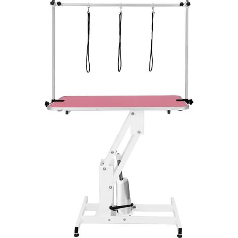 Tavolo Professionale Idraulico per Toelettatura Cani - Altezza Regolabile 55-101 cm, Capacità 180 kg, Piano 106x61 cm in Gomma Rosa Antiscivolo, Struttura in Acciaio Bianco, 4 Piedini Livellanti, 3 Gu