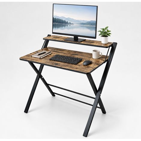 Relaxdays Folding Desk with Monitor Shelf, H x W x D: 82 x 70 x 56 cm, medium-density fibreboard, metal, Brown/Black (1/5)