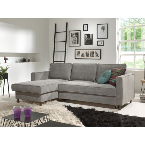 Jake - ecksofa mit schlaffunktion - mit bettkasten - 4-sitzer - aus velours - links - hellgrau
