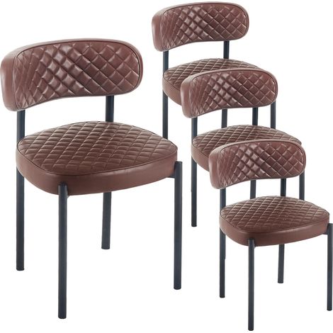 Sedia da pranzo vintage marrone, seduta e schienale imbottiti a rombi, rivestimento in ecopelle impermeabile, robuste gambe metalliche nere, sedia confortevole per casa, caffetteria, ufficio