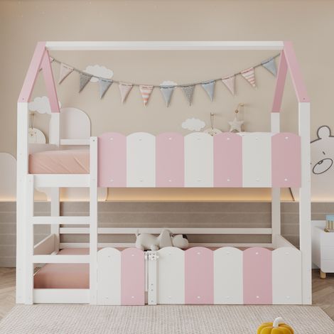 Lit superposé 90x200 cm, lit enfant avec sommier à lattes, 2 places, barrière de sécurité, escalier, design moderne, Rose (1/5)
