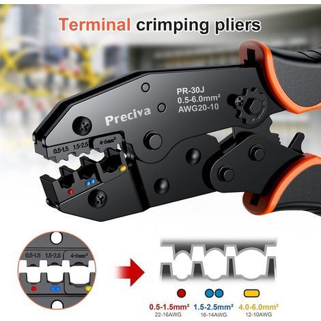 0.5-6mm² Pince a Sertir a Cliquet, Preciva Orange Pince a Sertir Isolées, AWG20-10 (0.5-1.5mm²) (1.5-2.5mm²) (4-6mm²) Pinces a Sertir Cosses Electriques (1/4)