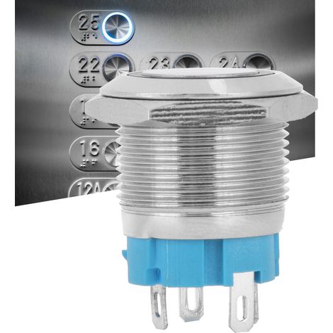 Lot de 2 interrupteurs à bouton-poussoir momentanés à LED bleue de 19 mm, tête plate, 4 broches, étanches IP65, 12-24 V CC (1/5)