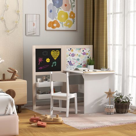 Table enfant avec chaise 3 en 1 avec chevalet pliable étagères de rangement, rouleau de papier - 3 à 8 ans, blanc
