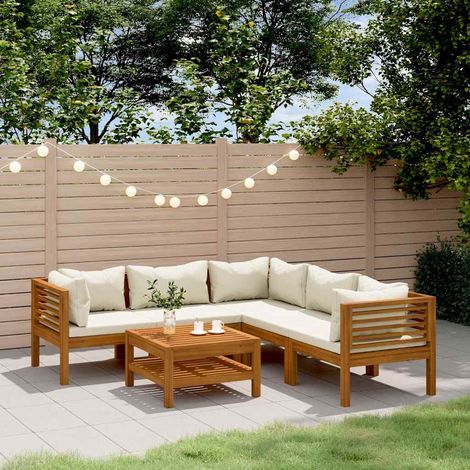 Salon de jardin 6 pcs Ensemble Table et Chaise de Jardin - avec coussin crème Bois d'acacia solide BV204186 - BonneVie (1/5)