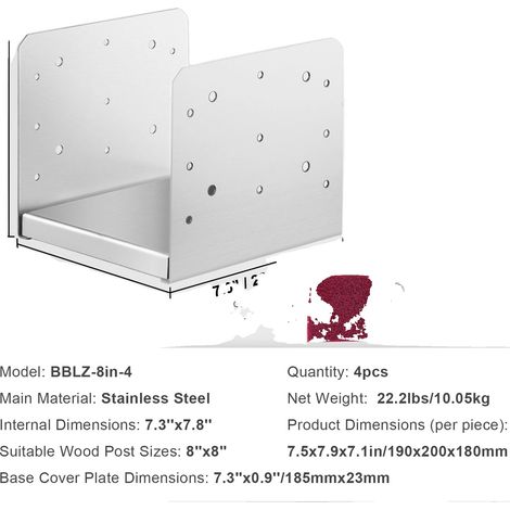 Support d'ancrage de poteau, en acier inoxydable durable, installation facile, 8x8in 4pcs (1/2)