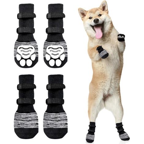 8 calcetines medianos para perros,6,5 cm de ancho,16 cm de largo,Ajustables por ambos lados,Aptos para suelos de madera de interior,Negro