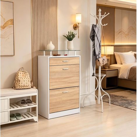 Zapatero de 2 abatibles, 60 x 24 x 105,5 cm, blanco y roble claro DESVIAE (1/5)
