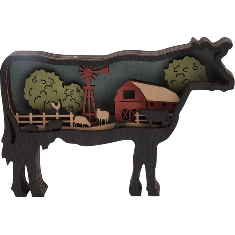 Décoration murale artisanale en bois découpé représentant des animaux de la ferme, à plusieurs niveaux, avec des sculptures de bovins. (1/5)