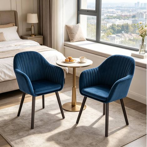 Juego de 2 sillas de comedor de terciopelo negro y azul con patas de metal y madera maciza (1/5)