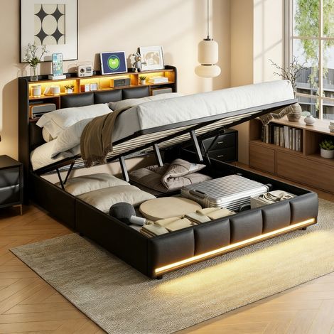 Lit coffre double 140x200 cm - Système de rangement hydraulique - Éclairage LED et ports USB - Revêtement PU - Pour deux personnes - Idéal chambre adulte -  Noir (1/5)