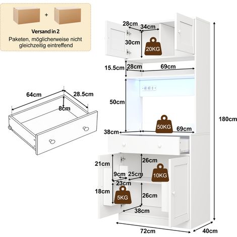 Küchen-Hochschrank 72x40x180 cm aus weißem MDF mit LED, Steckdosen und Stauraum – MEUBLIV (1/5)