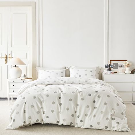 Parure de lit 3 pièces 100% Coton avec Housse de Couette et 2 taies d'oreiller à Motif géométrique Blanc avec Fermeture éclair et Attaches pour Grand lit, Gris et Blanc (1/5)
