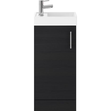 Cloakroom Floor Standing 1 Door Vanity Unit with Basin, 400mm - Woodgrain Charcoal Black (1/3)
