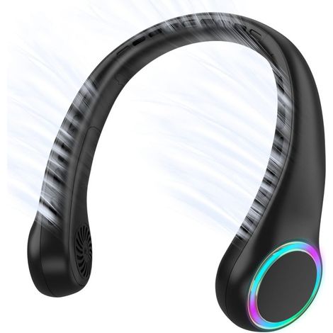 Ventilador de cuello portátil recargable por USB, silencioso y colgante para deportes, con luces de colores, pequeño ventilador sin aspas. (1/5)