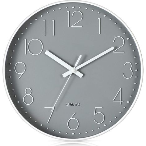 Horloge murale silencieuse à quartz moderne de 30 cm (12 pouces) avec chiffres arabes, sans tic-tac, accessoire de décoration pour la maison (or rose et noir), gris