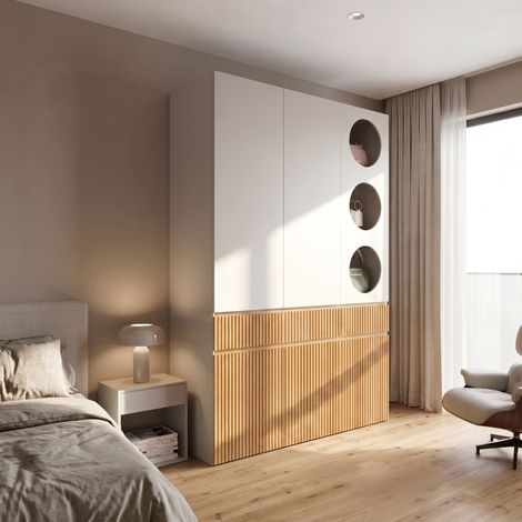 MODFU – Armario 135x50x200 cm de MDF/aglomerado con 6 puertas, ropero, 2 cajones y carga 30/20 kg – Gris/roble claro (1/5)