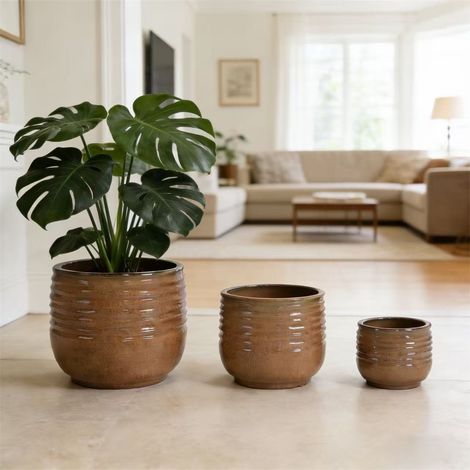 Lot de 3 pots de fleurs en céramique - 36x36x31 cm - Cache-pots artisanaux extérieur jardin terrasse motif vagues - Brun Clair (1/5)