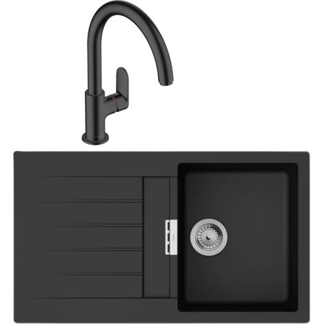 Evier 1 bac 840 HANSGROHE S52 synthèse noir + robinet de cuisine HANSGROHE Vernis Blend M35 210 noir mat