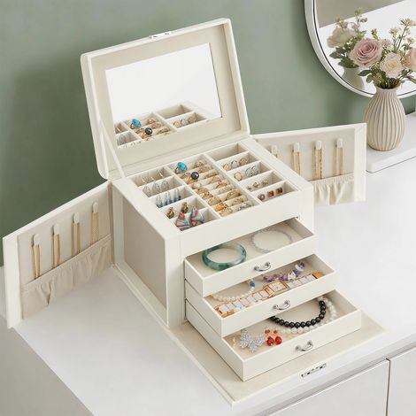 Boîte à Bijoux de Voyage Verrouillable avec Miroir, à 4 Niveaux, 3 Tiroirs, Cadeau Parfait, Blanc (1/5)