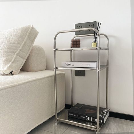 Étagère de rangement en acier inoxydable robuste, meuble d'appoint à trois étagères (trois plateaux) pour salle de bain ou chambre. (1/5)