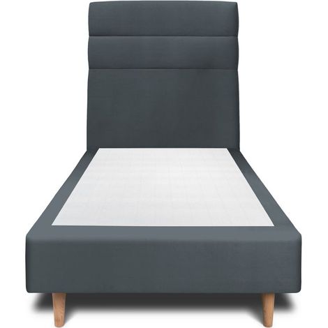 Lit 90x190cm avec tête de lit lignes velours et sommier tapissier gris anthracite - Hauteur totale : 35cm (1/4)