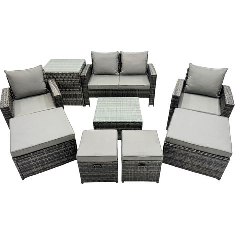 Fimous PE Rattan Garden Furniture Set Lounge Sofa Coffee Table Set with Side Table 4 Footstools Dark Grey Mixed (1/4)