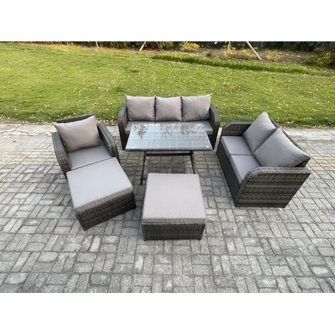 Fimous Salon de jardin exterieur 8 places Table à manger rectangulaire 2 Grand tabourets Canapé d'amour Chaise inclinable Gris foncé mixte (1/5)