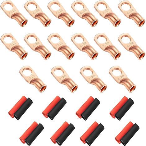 16 Bare Copper 8 AWG Cable Lugs 3/8 Ring Terminals Heat Shrink Tubing for Vehicle Battery (1/5)