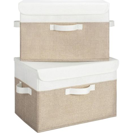 Boîte De Rangement - 40 X 26 X 25 5 Cm - Avec Couvercle Et Poignées - Pliable - En Lin Imitation Et Carton PP - 2 Pièces - Blanc (1/5)