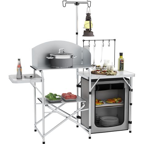 Cuisine de camping pliante avec 3 plans de travail, pare-vent et armoire en tissu, 144 x 48 x 119 cm, argent